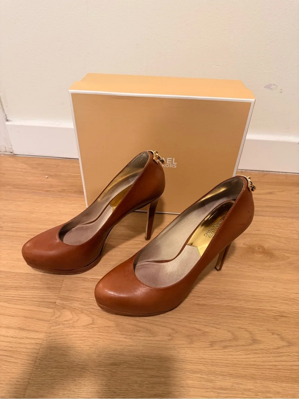 Michael Kors Cognac Leather High Heel Pumps with Gold Accent